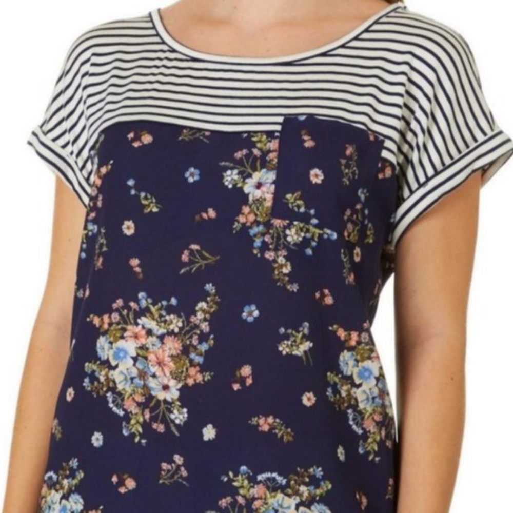 **3/$10!!!** Rewind | Stripe & Floral Round Neck Pocket Top